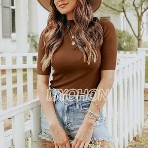 Women’s Mock turtleneck business shirt | Large Brown short sleeve